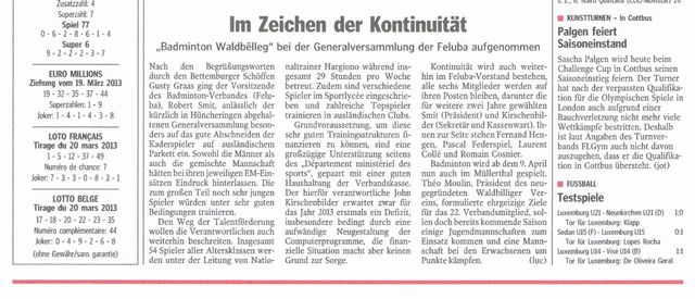 Den 21. Mäerz steet am Wort een Artikel iwwert d'FELUBA Generalversammlung, an där de Badminton Waldbëlleg affiliéiert gouf.